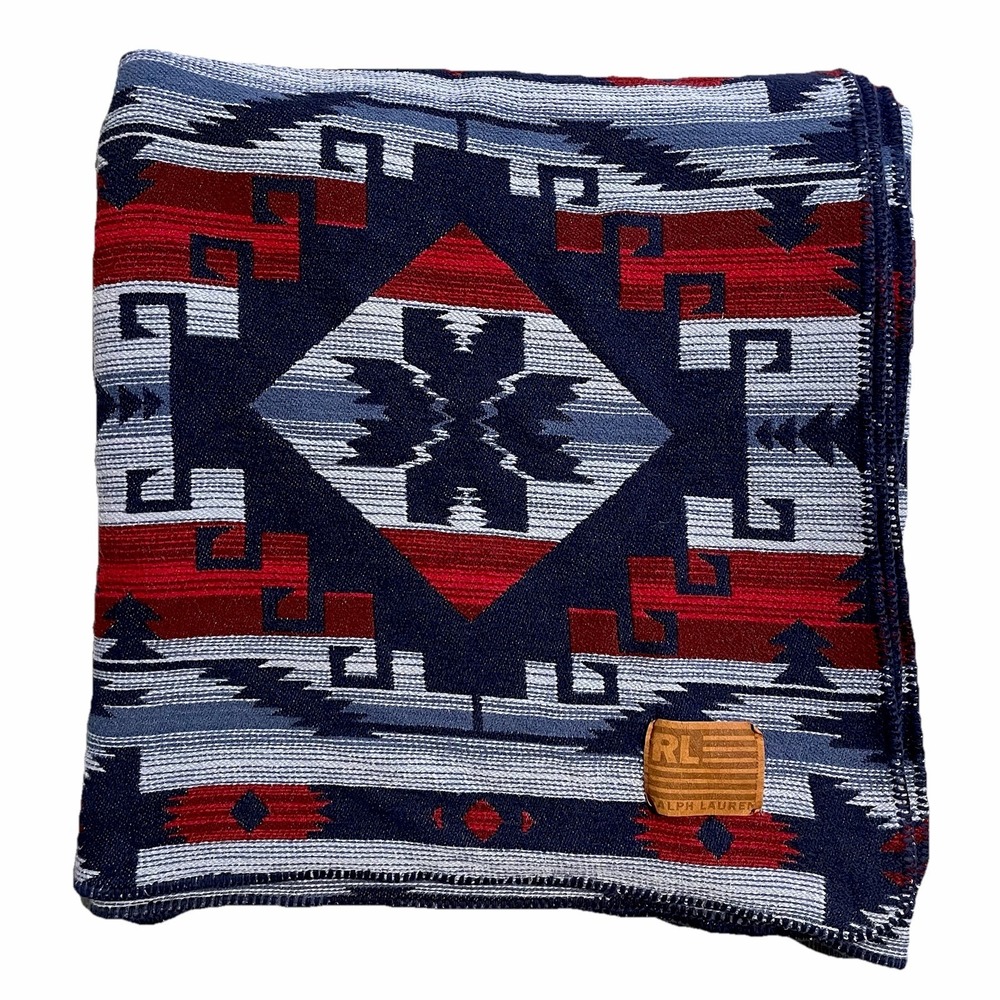 Vintage Ralph Lauren Southwestern Aztec Cotton Blanket Red Blue White 90x90